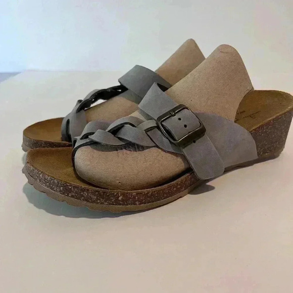 Mila Paoli Italian Gray Braided Leather wedge Cork Footbed sandals Size 9.5 EUC - Picture 3 of 9